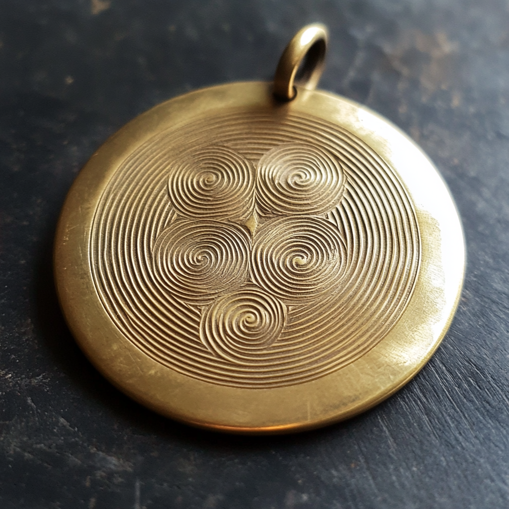 Brass amulet with spirals and patterns on blade