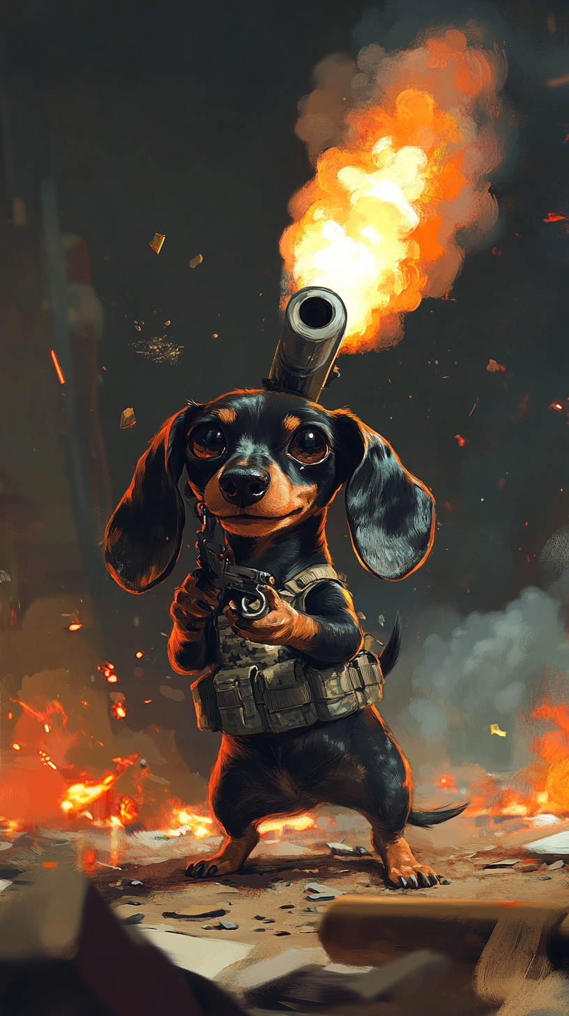 Brave Dachshund with Flamethrower in Destroyed Office