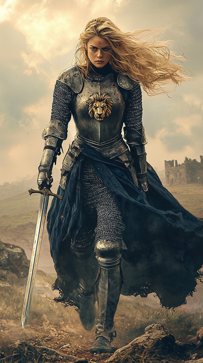 Brave English knightess with lion crest in countryside