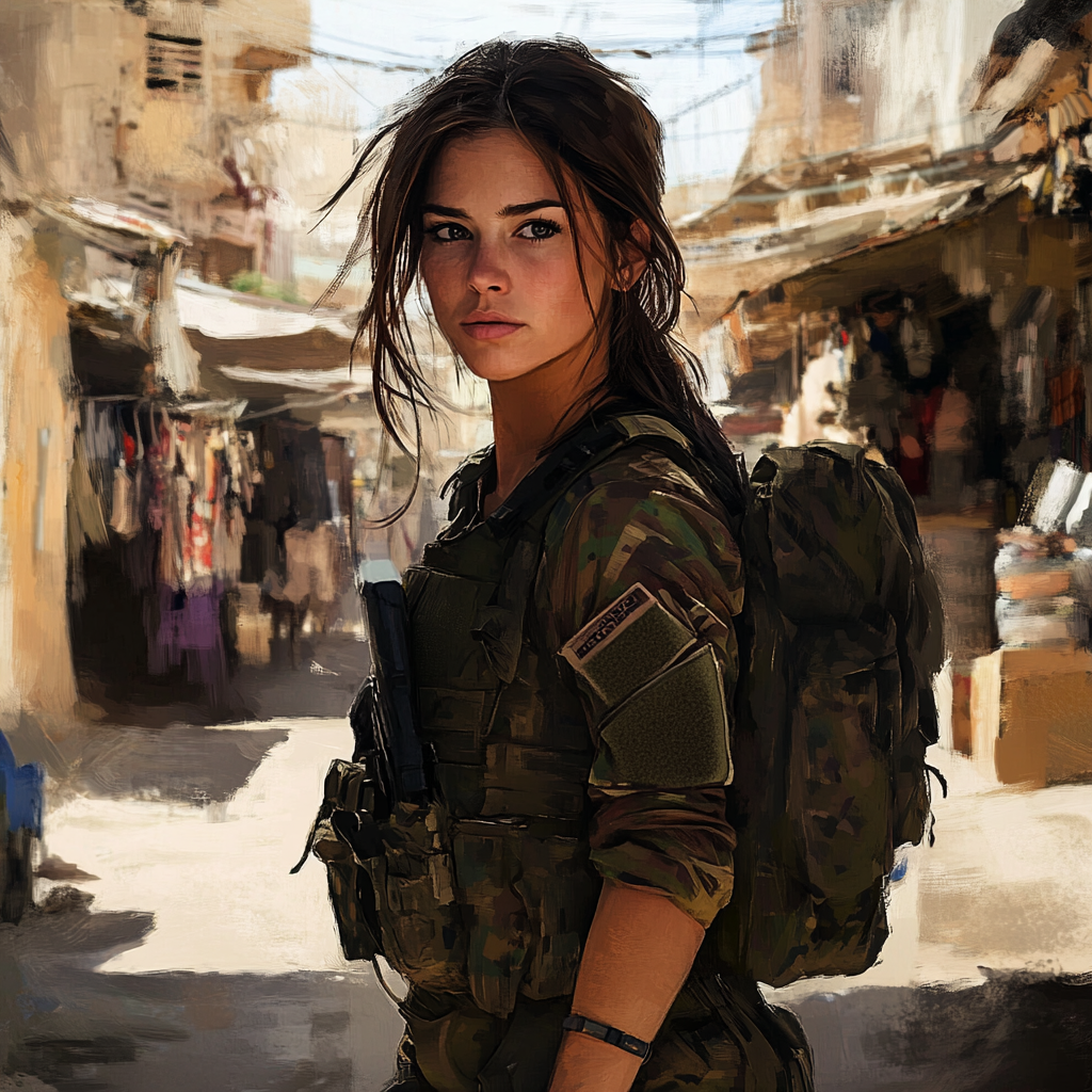 Brave Female Soldier in Urban Desert Market