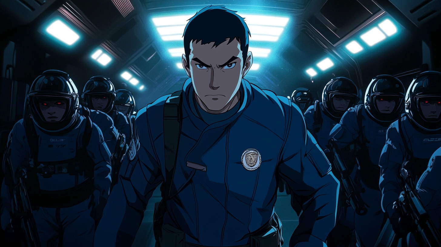 Brave Marshal Leads Team Through Dark Starship Corridor