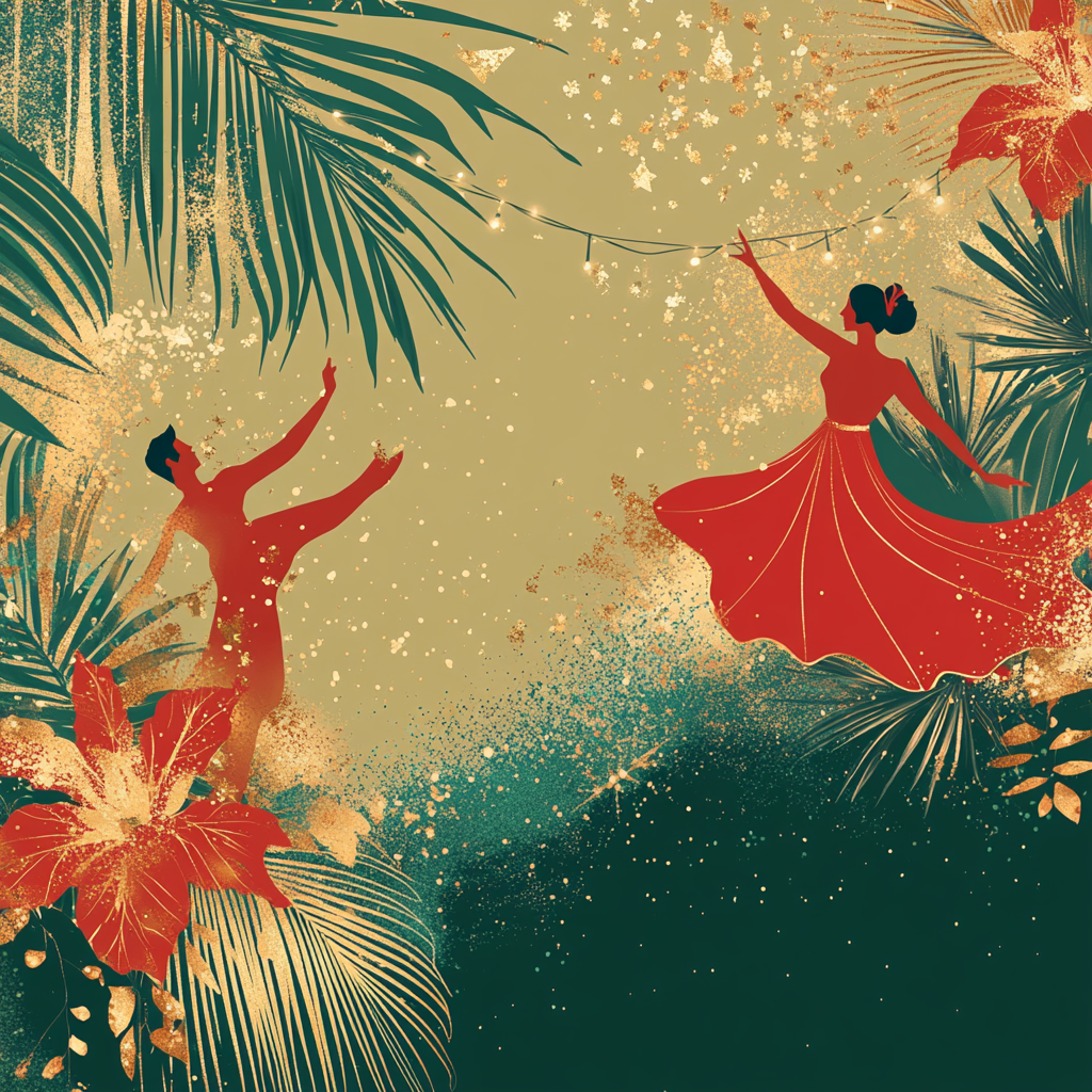 Brazilian Christmas Invitation with Samba Dancers and Tropical Accents.