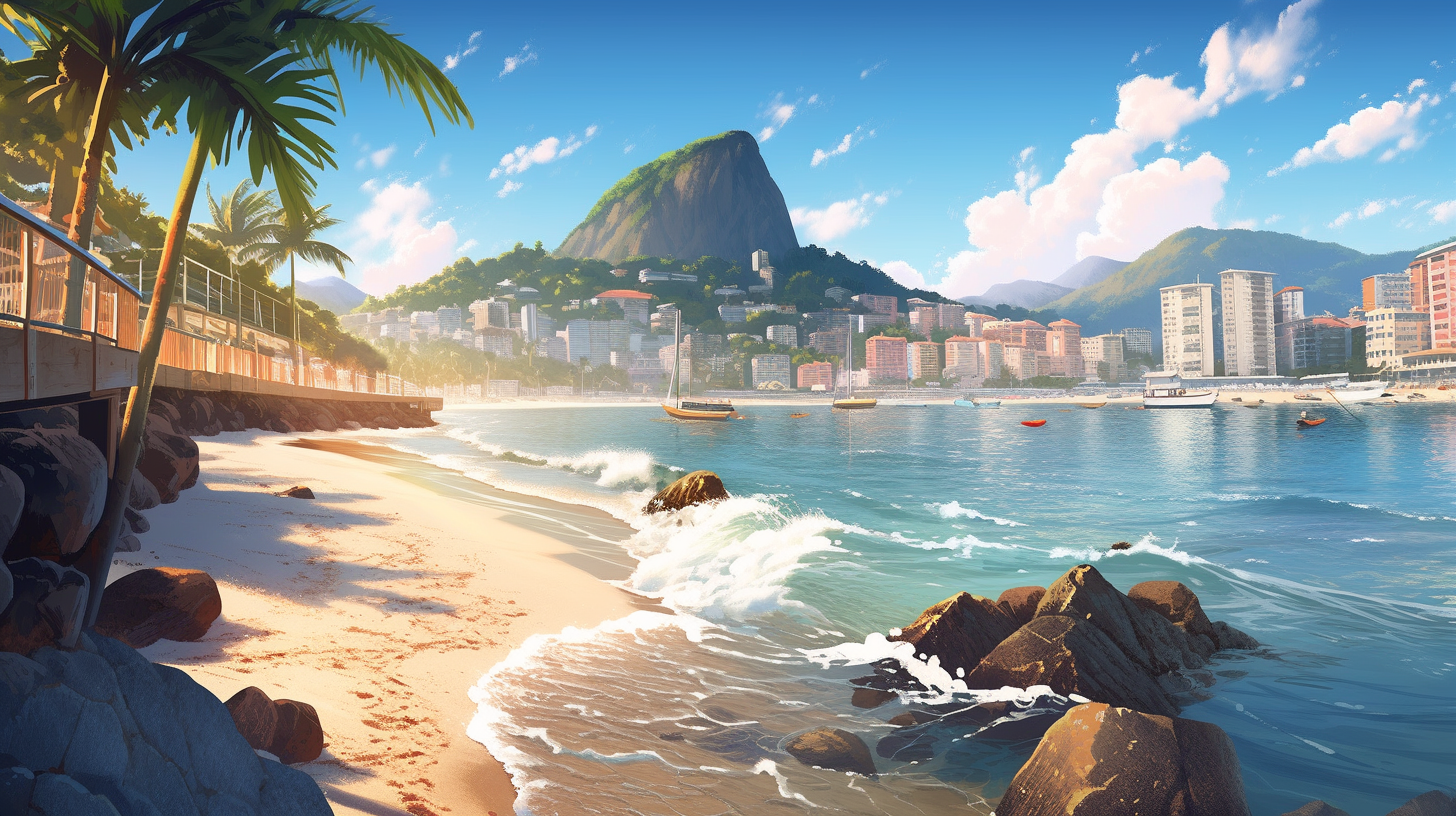 Brazilian Coastal City Rio de Janeiro Beach Sunset Ocean Cinematic Sky Realistic 16:9