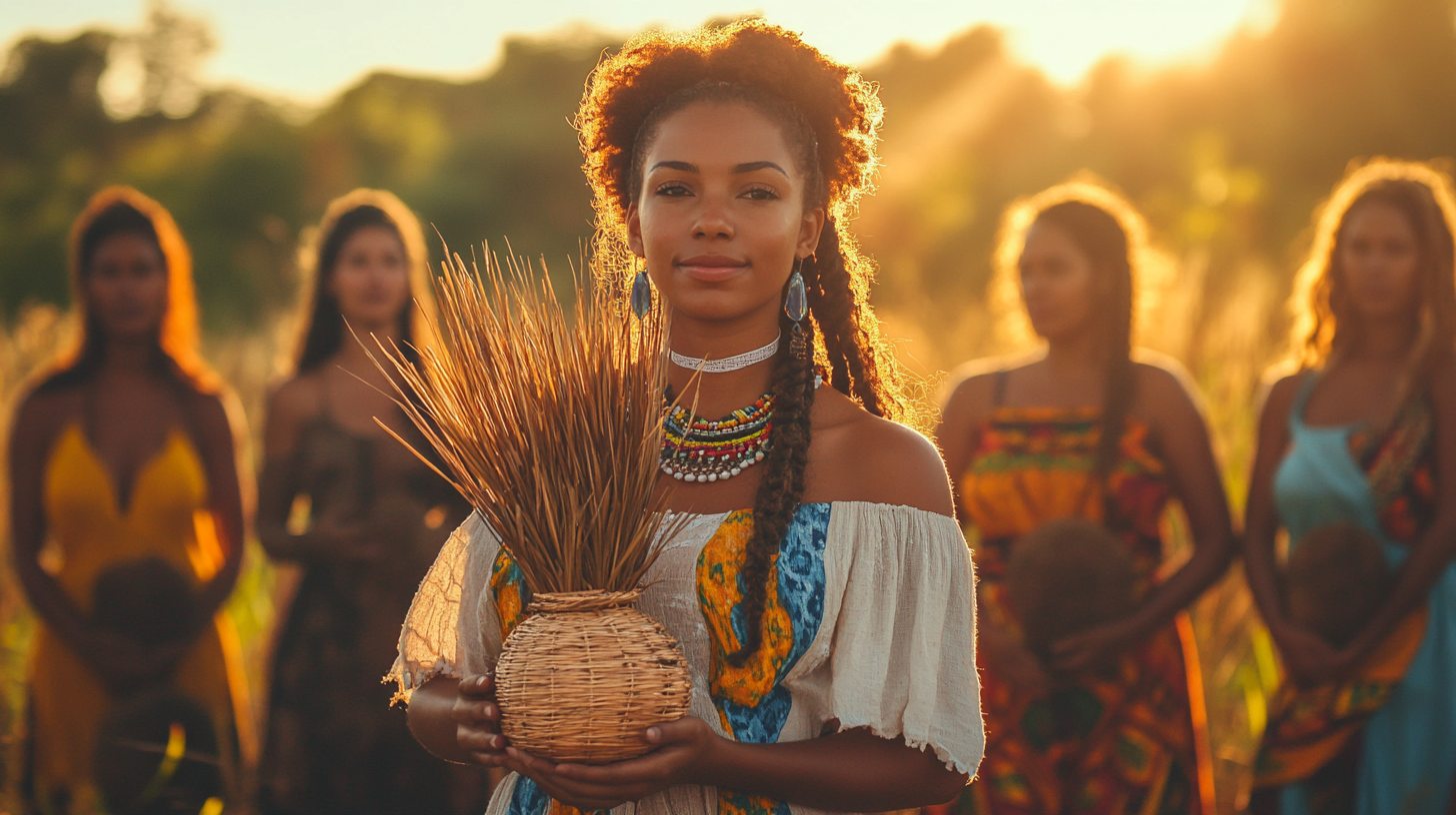 Brazilian Women in Common Clothes with Straw Vase