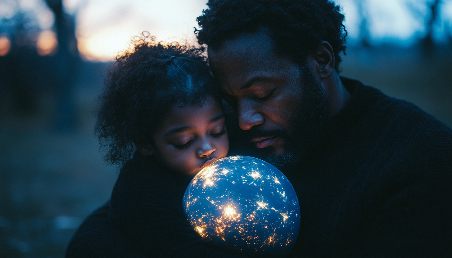 Brazilian father and daughter hold Earth in purple fabric