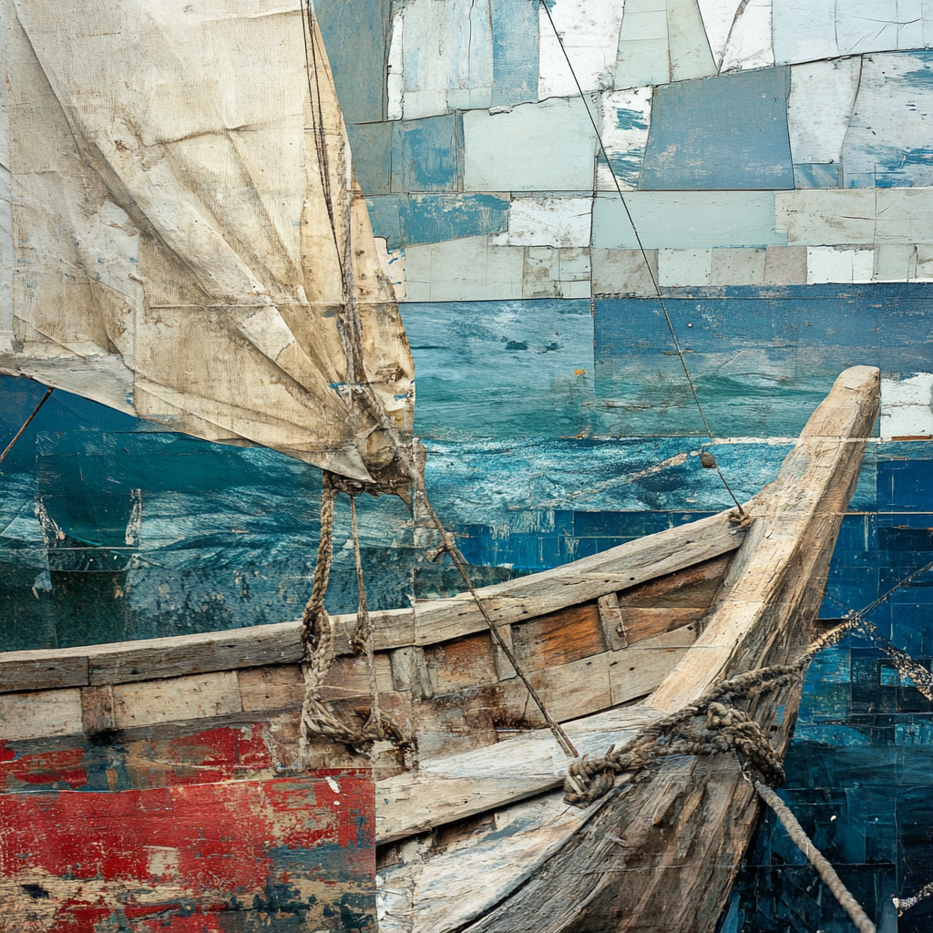 Brazilian jangada boat against abstract, colorful sea and sky.