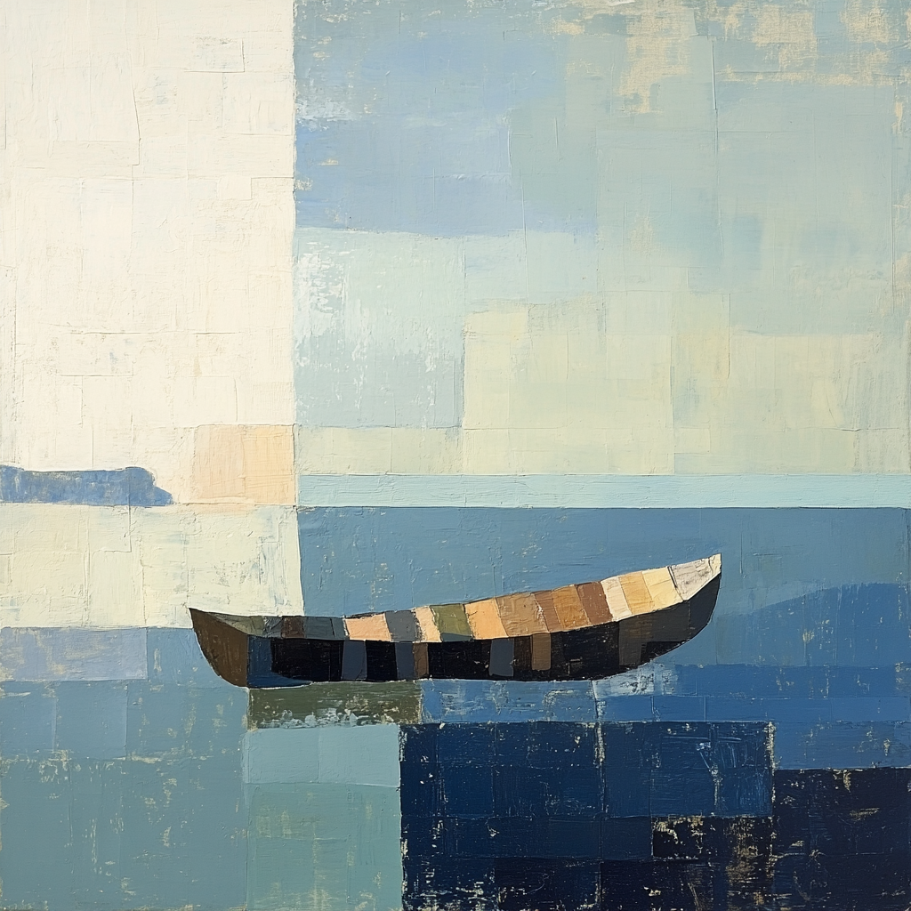 Brazilian jangada boat painting with abstract, expressive brushstrokes.