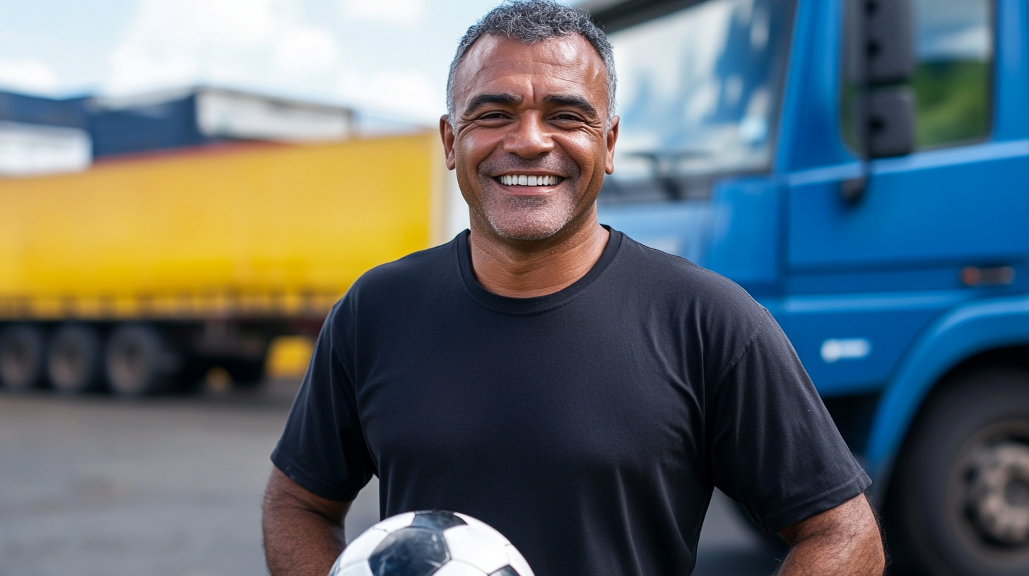 Brazilian man, 50, smiling, playing soccer, Mercedes-Benz trucks.