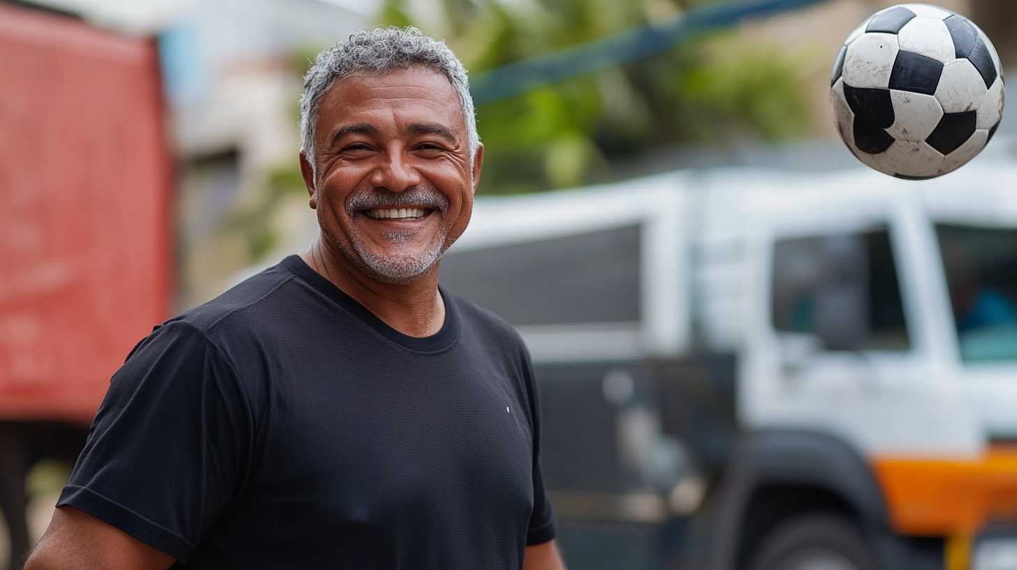 Brazilian man aged 50 smiling, playing soccer. Black shirt.