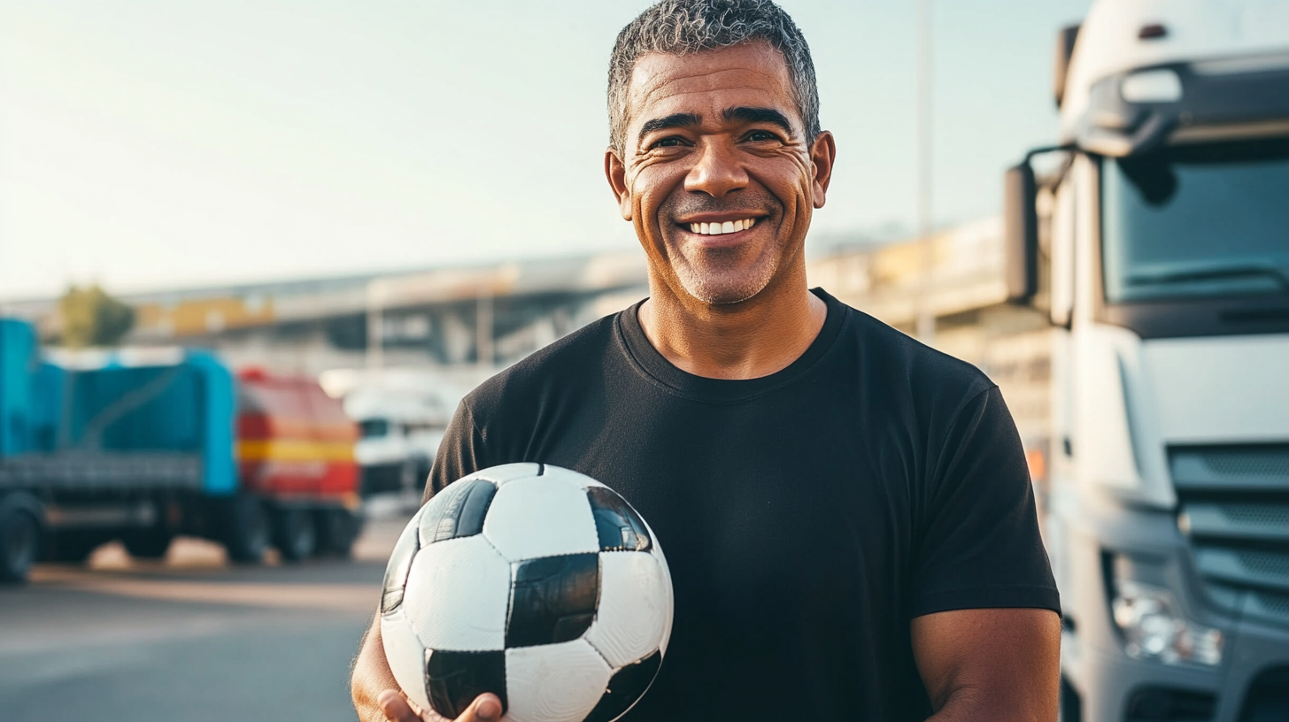 Brazilian man smiling with soccer ball at stadium camera.