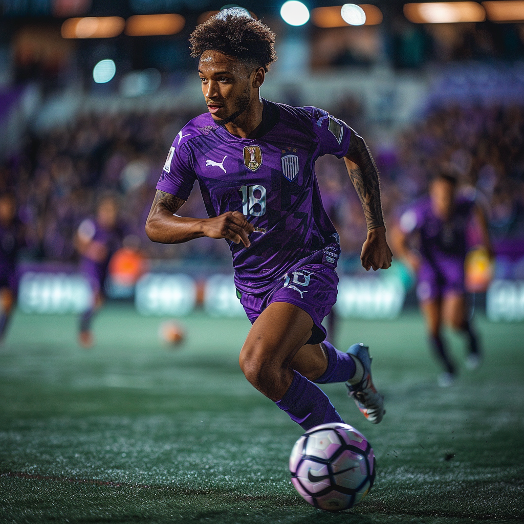 Brazilian midfielder wearing purple Fiorentina jersey, running with ball.