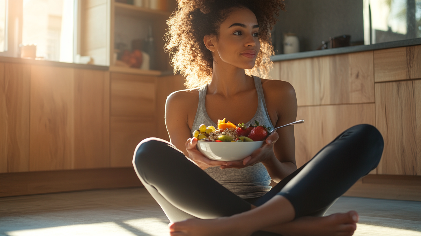 Brazilian woman eating muesli in modern kitchen with natural lighting.