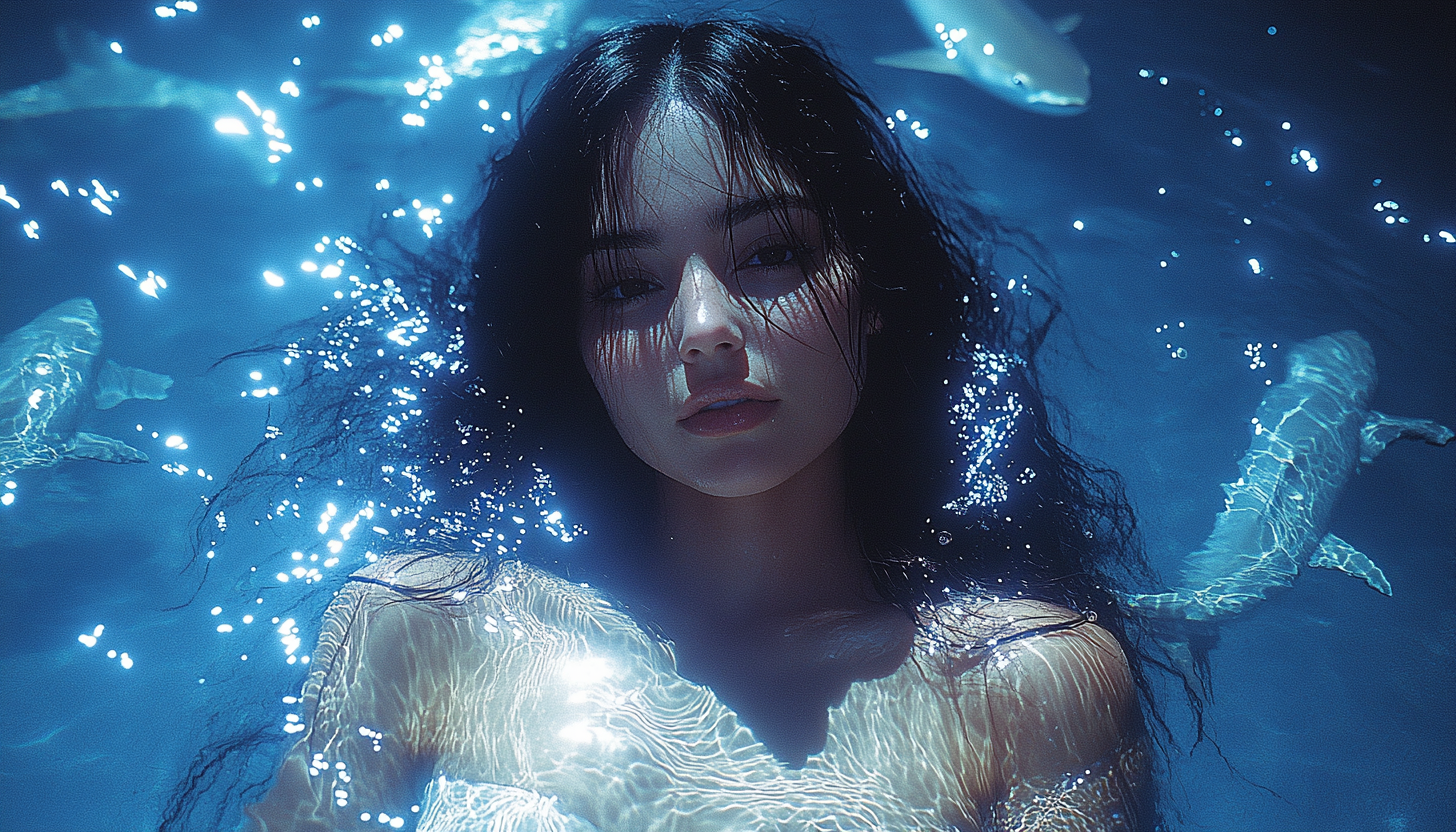 Brazilian woman in water with floating sharks and flowers