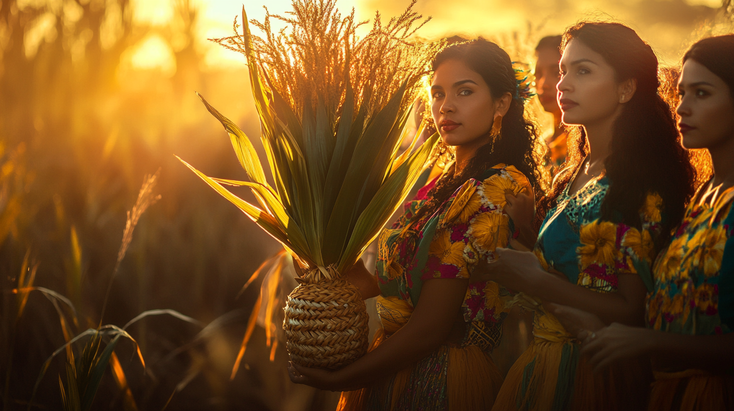 Brazilian women in traditional clothes with corn husk vase.