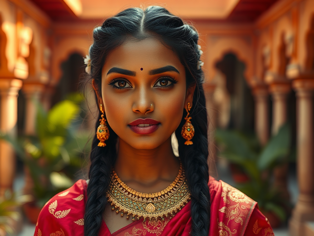 Breathtaking Indian woman in traditional attire in Indian palace.