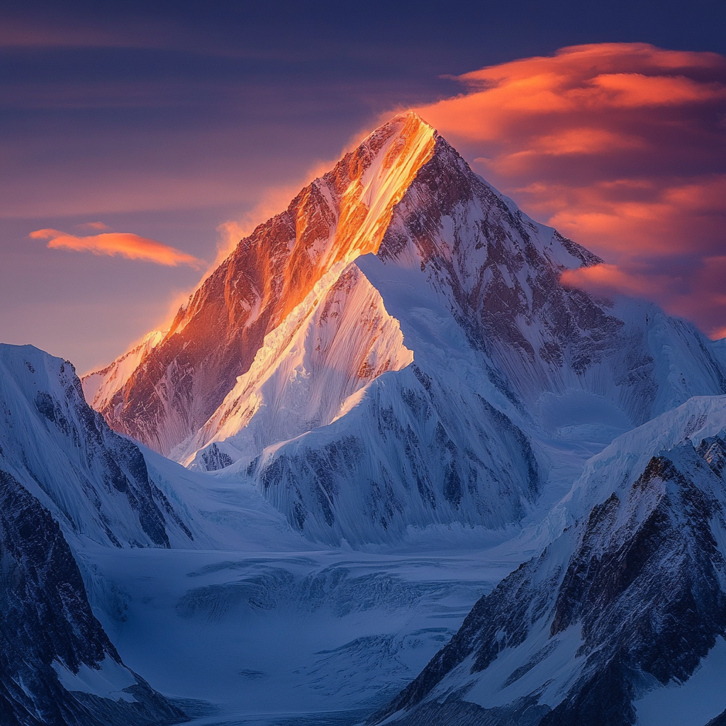 Breathtaking view of K2 at sunset, stunning details.