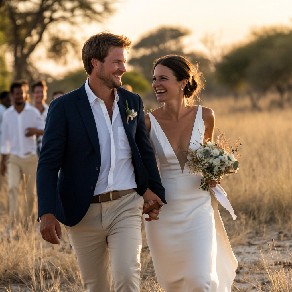 Bride and groom walking in Botswana, happy image.