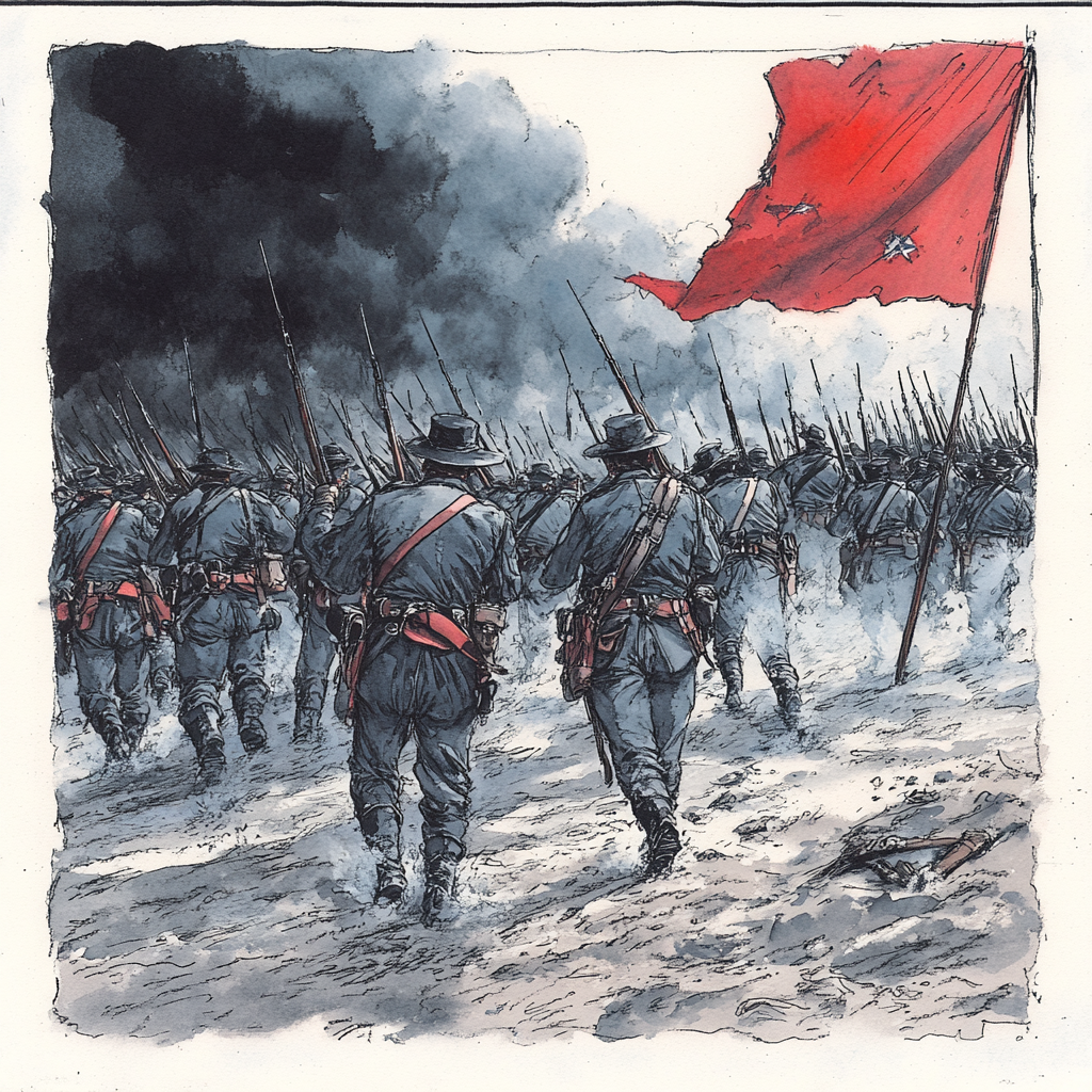 Brigade of confederate soldiers in gray and crimson.