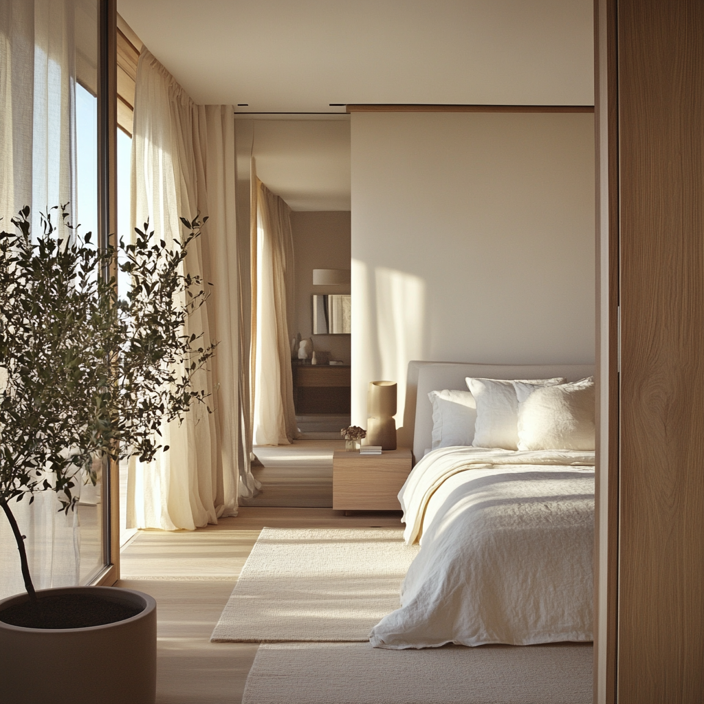 Bright, airy master bedroom with light wood materials.