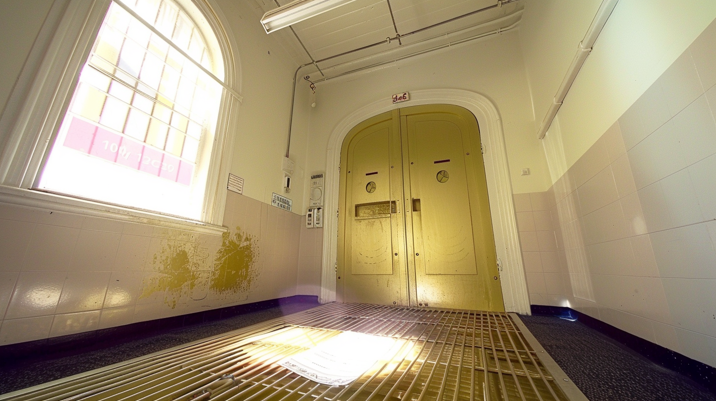 Bright, clinical prison inspection room with metal detector.