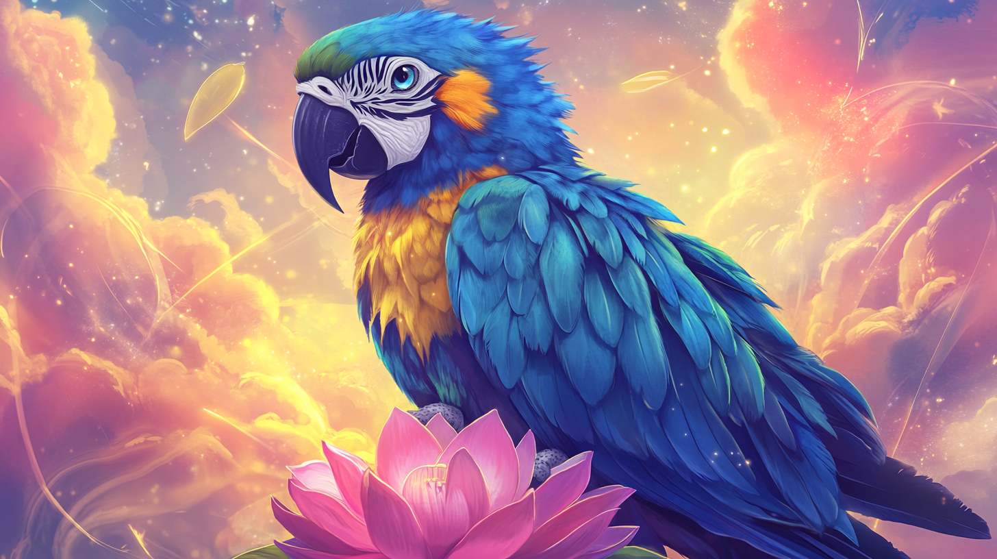 Bright, graceful Hyacinth Macaw Bodhisattva perched on lotus.