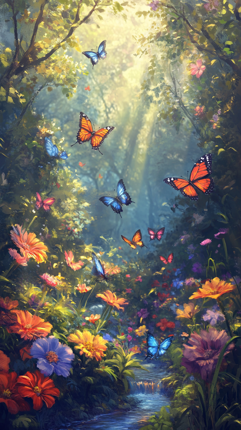 Bright, magical garden with colorful flowers and butterflies fluttering.