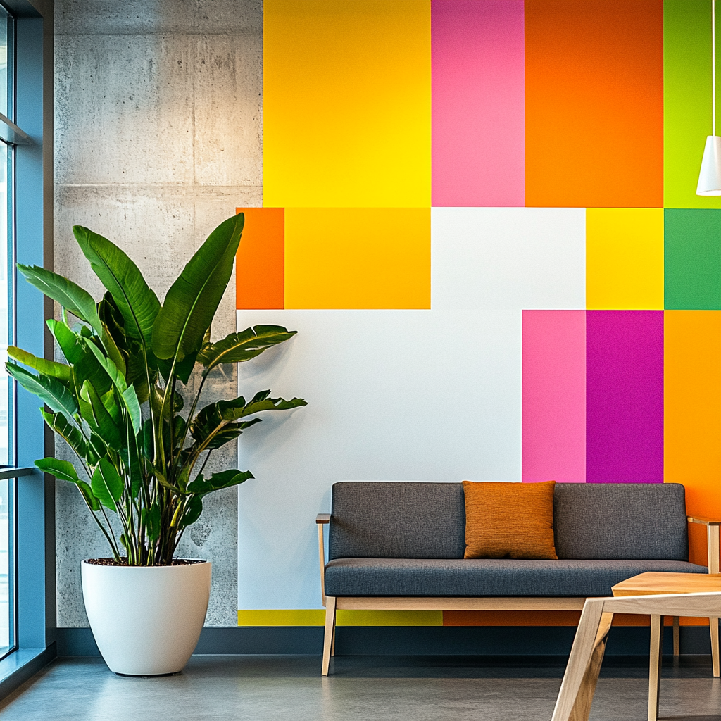 Bright, modern office with geometric vinyl wall print.