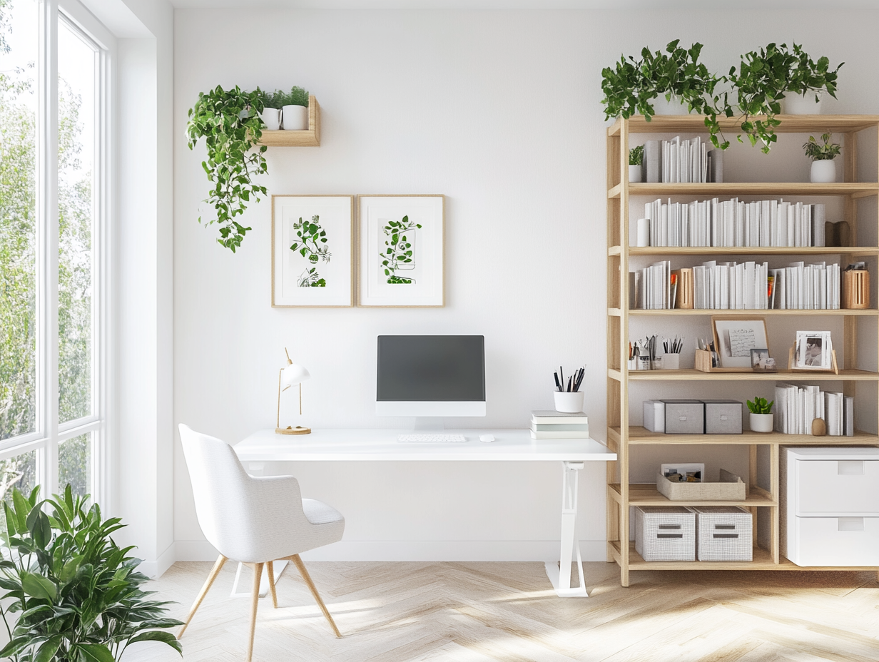 Bright & Organized Home Office Workspace with Natural Light