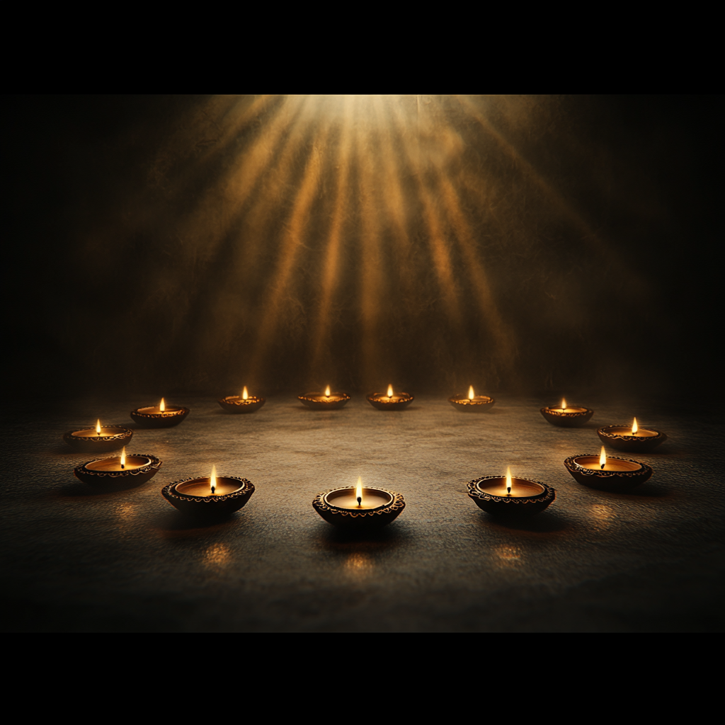 Bright Diwali Greeting with Diyas and Lights on Background