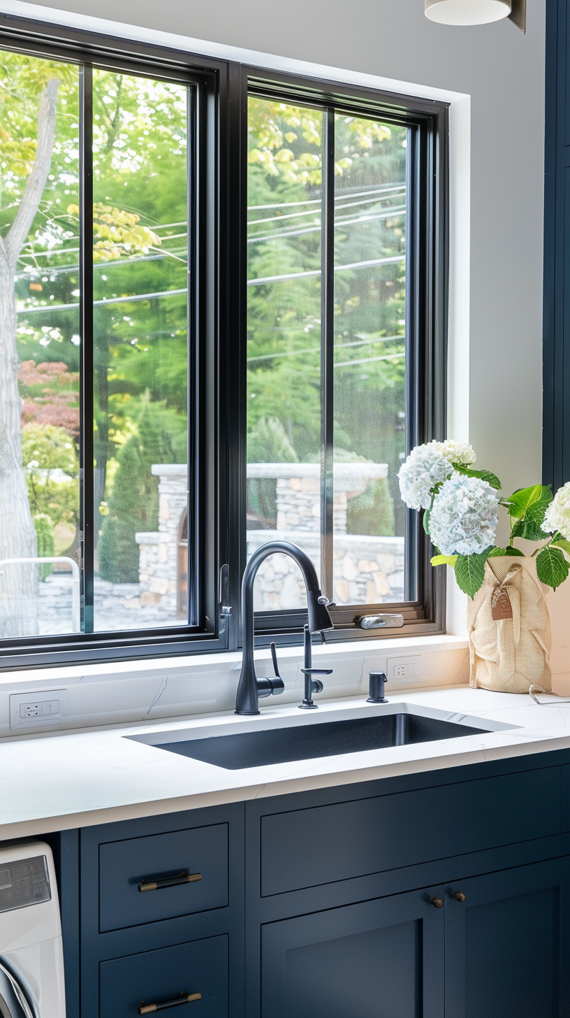 Bright Large Laundry Room with High Ceilings and Navy Blue Cabinetry