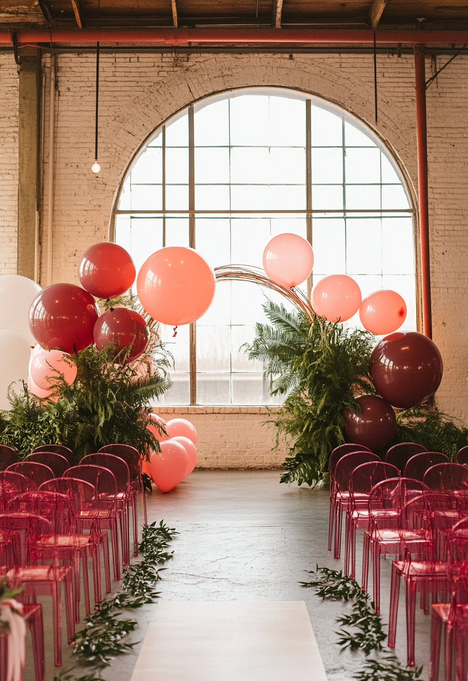 Bright Pink Balloons And Maroon Decor Wedding Ceremony