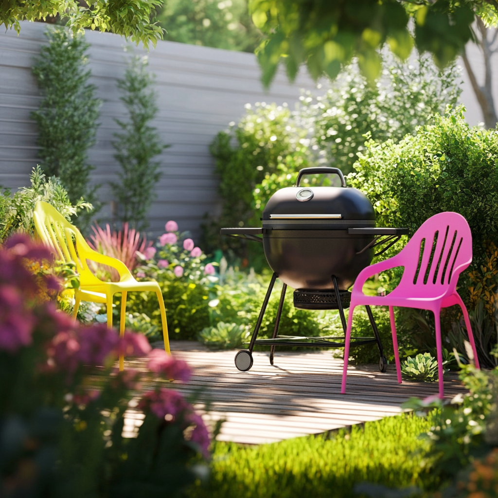 Bright Spring Backyard Scene with Kettle BBQ & Chairs