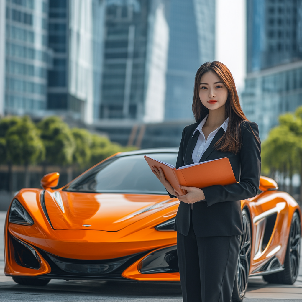 Bright SuperCar Saleswoman in Modern Business District