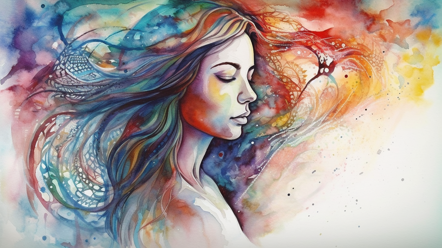 Bright Watercolor Art with Woman Meditating Mystically