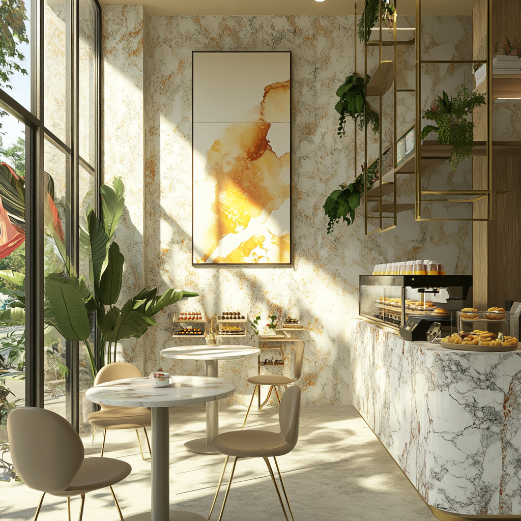 Bright and modern cafe interior with nature-friendly design.