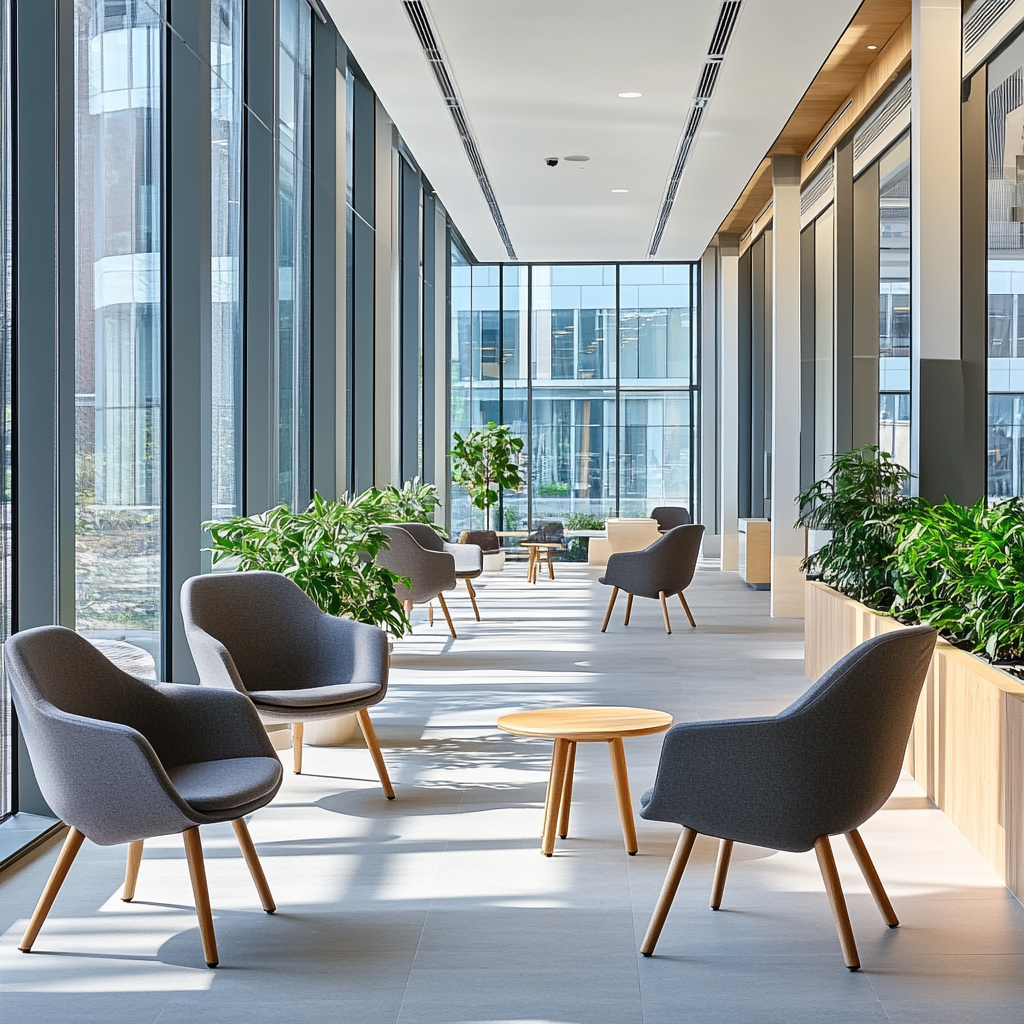 Bright and welcoming office open space with gray chairs