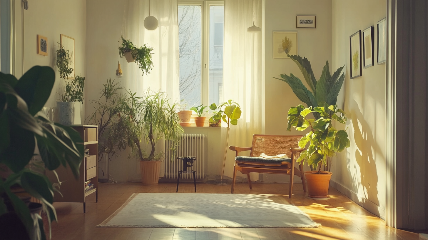 Bright apartment room with plants and natural light.