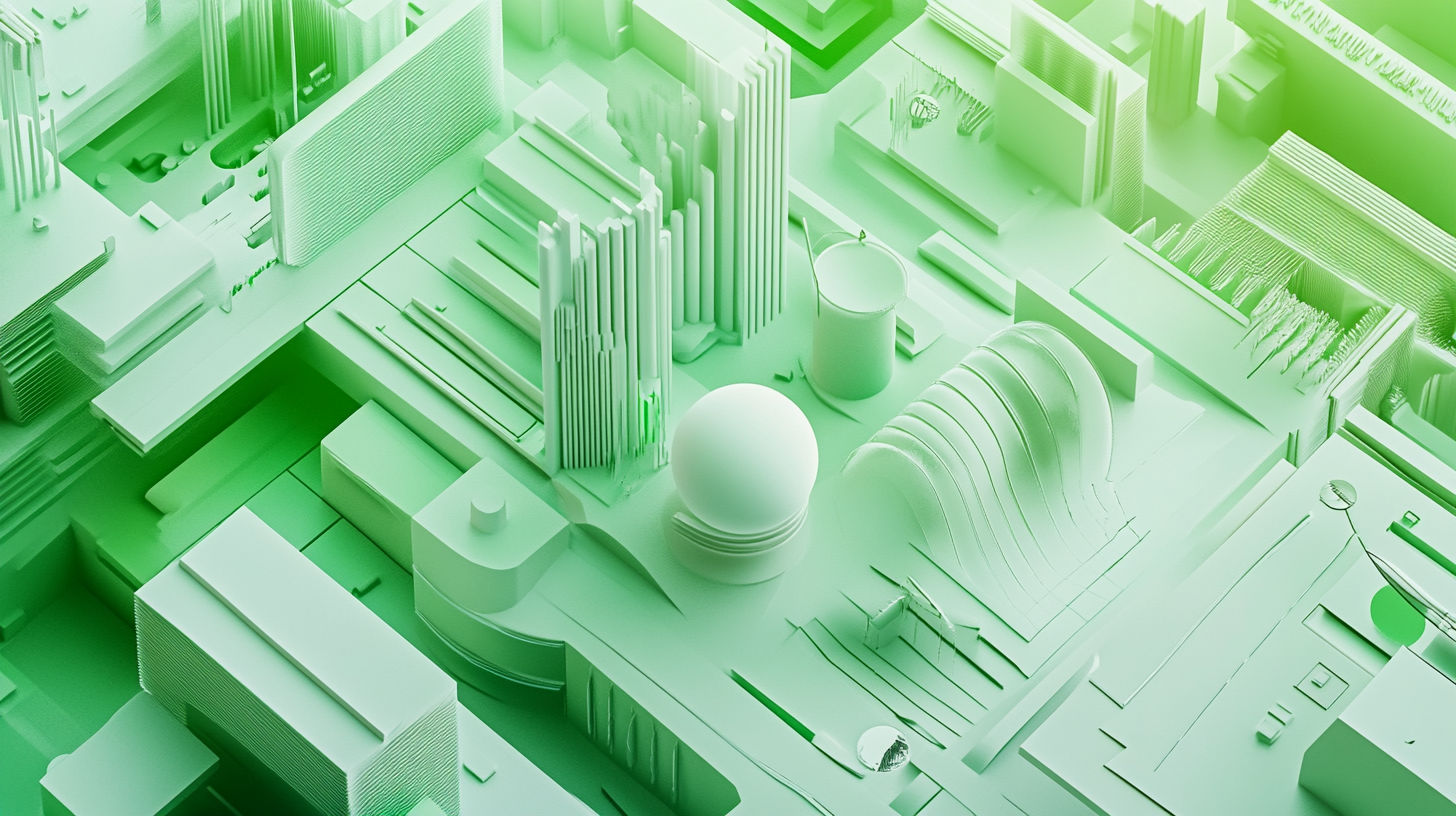 Bright background image for in-house data portal. Green and white colors used to make it lively. 3D modeling for used database. AR 16:9.