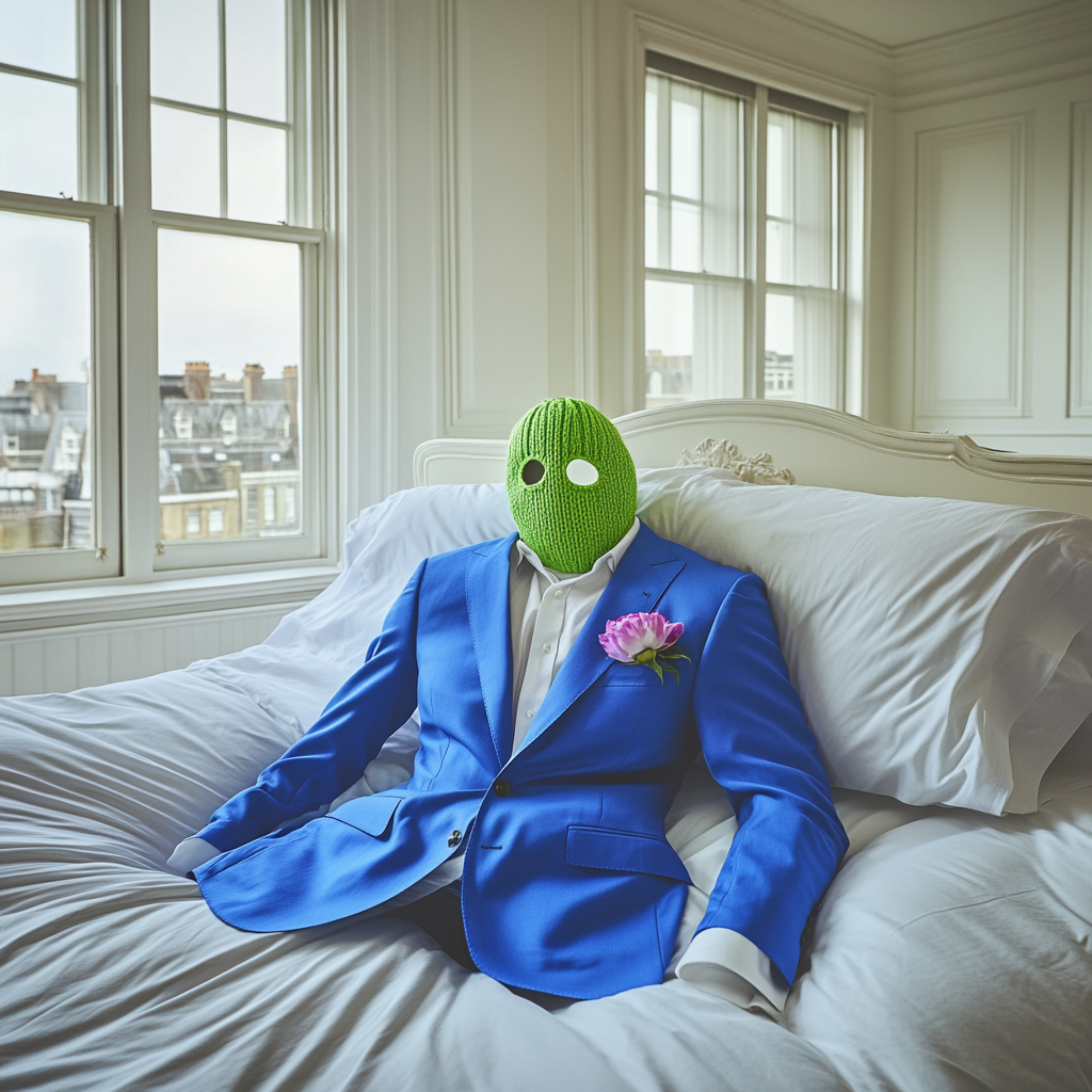 Bright blue suit on bed with ski-mask.