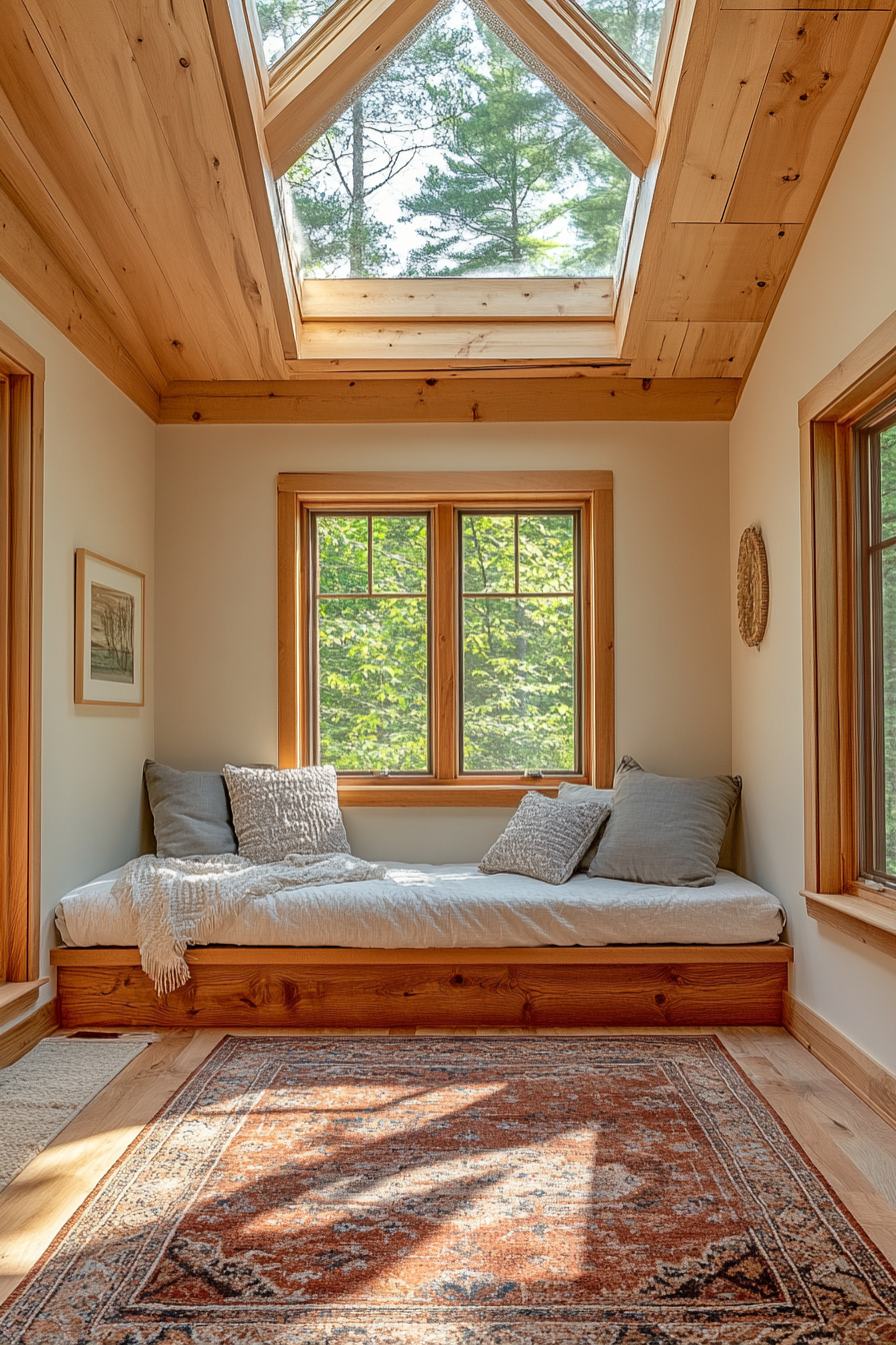 Bright cabin bedroom with skylights and wide windows.