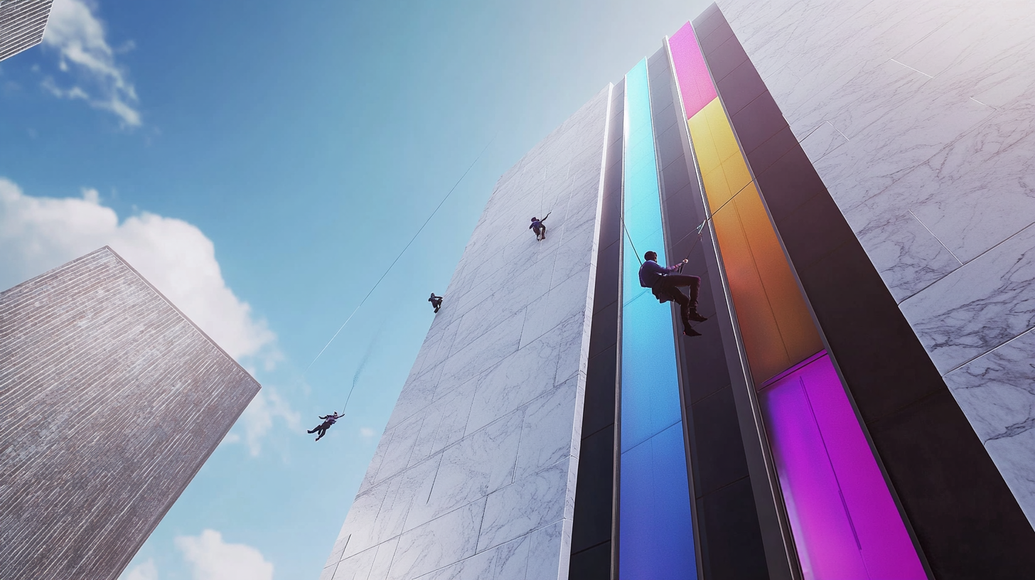 Bright cinematic lighting, tall marble buildings, iridescent sky.