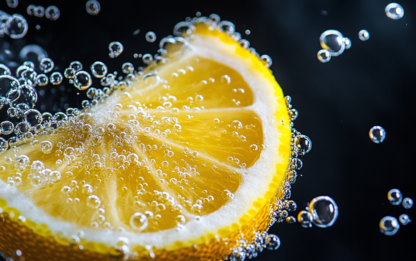 Bright citrus lemon slice in sparkling water, cinematic lighting.