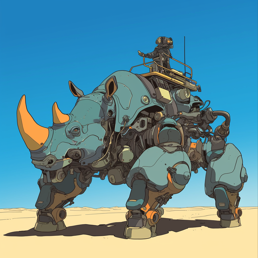 Bright colored rhinoceros robot in cyberpunk desert.