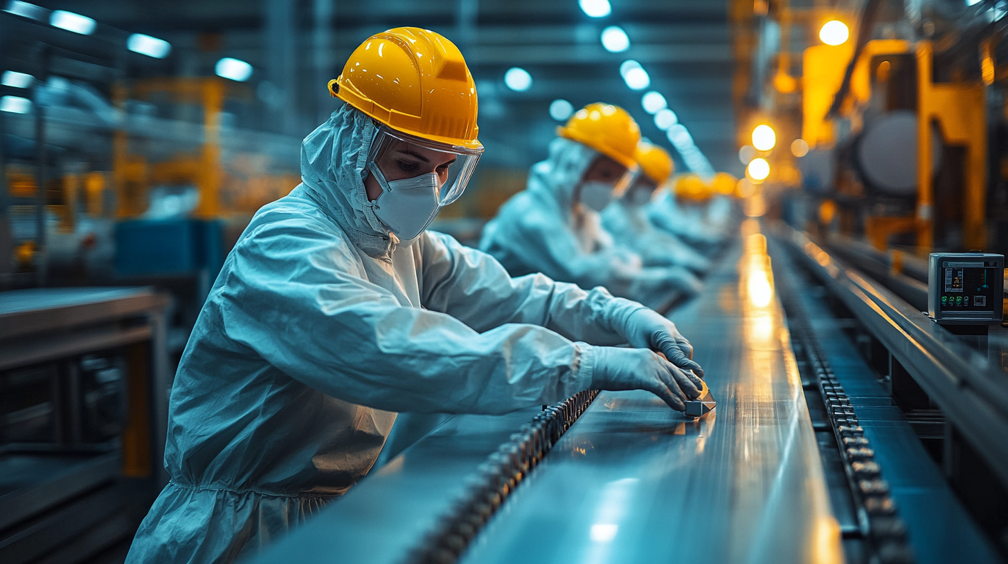 Bright factory workers inspecting hemp steel on high-tech line.