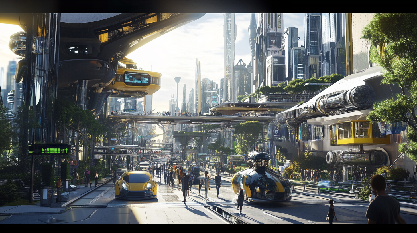 Bright future city with robots, people, clean energy.