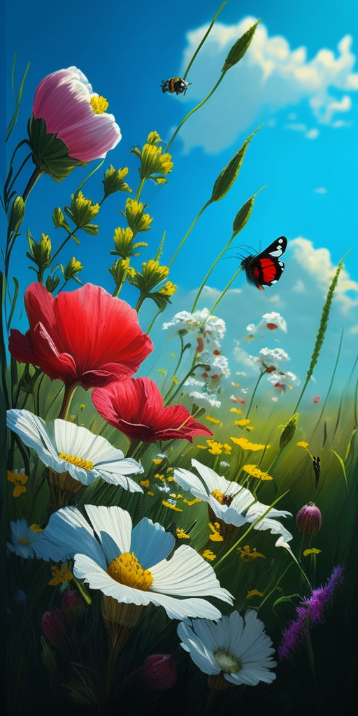 Bright garden with flowers, grass, butterflies, bees, blue sky.