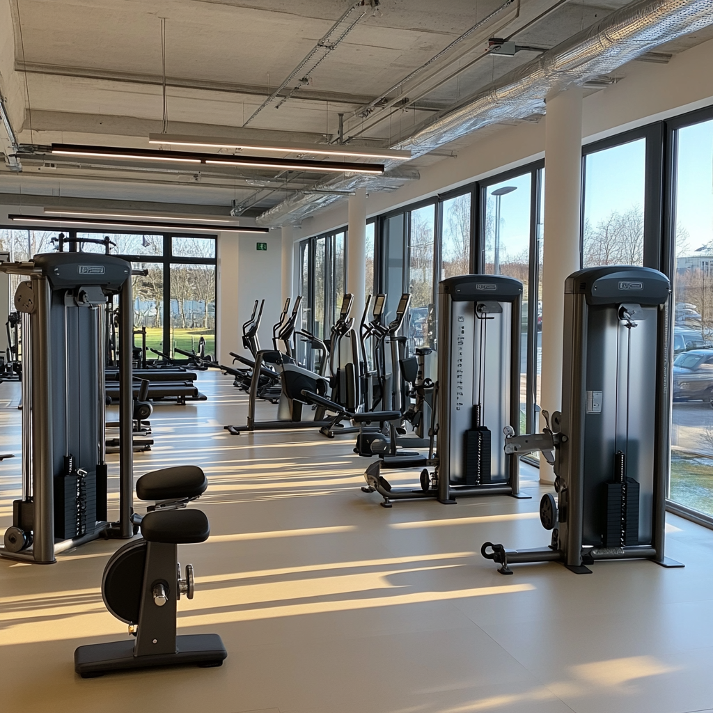 Bright gym with various equipment for aerobic and muscle exercises.