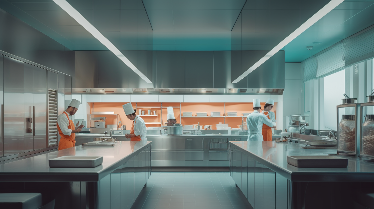 Bright modern kitchen with men and women working together.