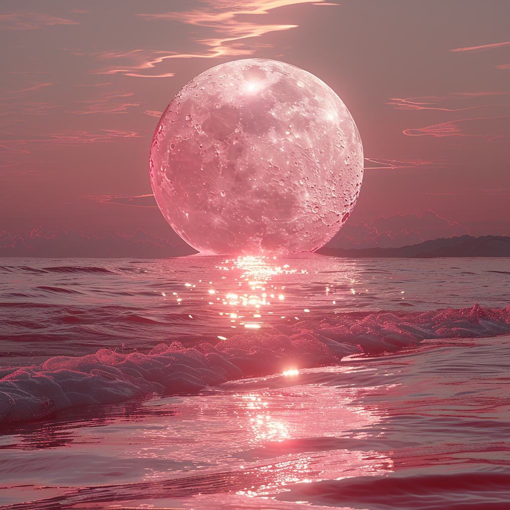 Bright moon shines on calm sea; scattered red lines.