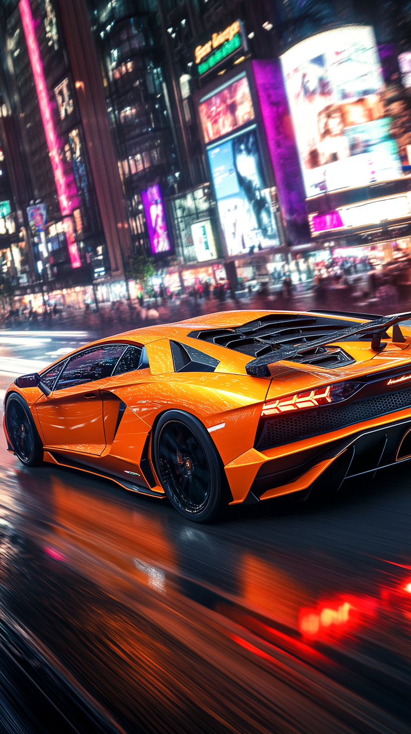 Bright orange Lamborghini Aventador SVJ racing in futuristic city.